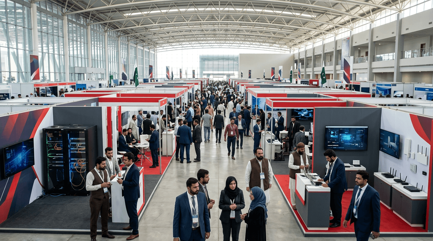 Illustrative technology exhibition scene in a Lahore convention hall